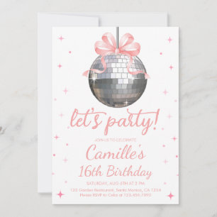 Silver Disco Ball pink bow Birthday Party Invitation
