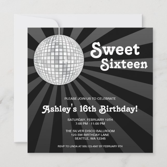 Silver Disco Ball Sweet 16 Birthday Invitation (Front)