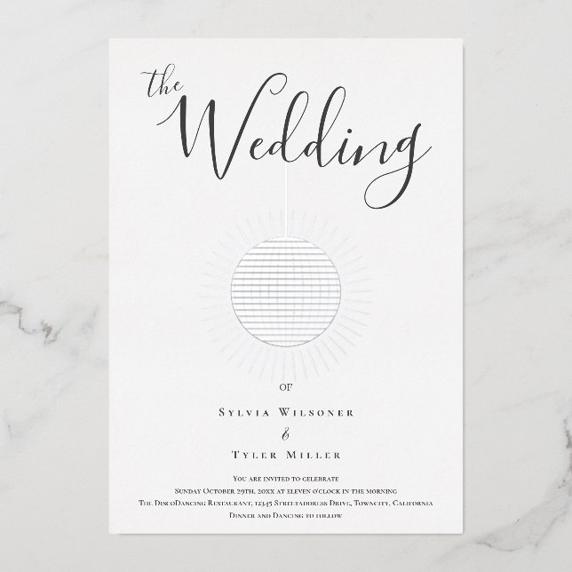 Silver Disco Ball Wedding Foil Invitation (Front)
