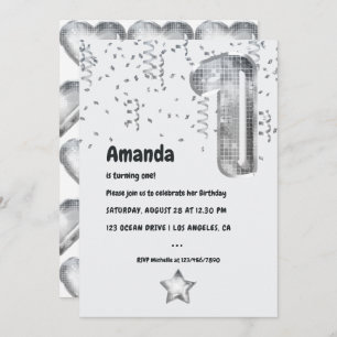 Silver Disco Balloon 1st Birthday Party Invitation