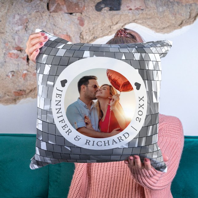 Silver Disco Valentine's Day with Photo & Text Cushion (Silver Disco Valentine's Day with Photo & Text Throw Pillow)
