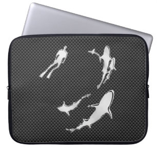 Silver Diver with Sharks on Carbon Fibre Style Laptop Sleeve