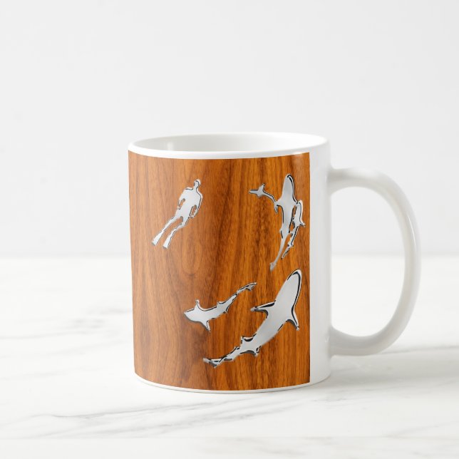 Silver Diver with Sharks on Teak Veneer Style Coffee Mug (Right)