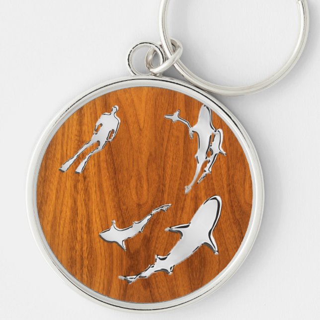 Silver Diver with Sharks on Teak Veneer Style Key Ring (Front)