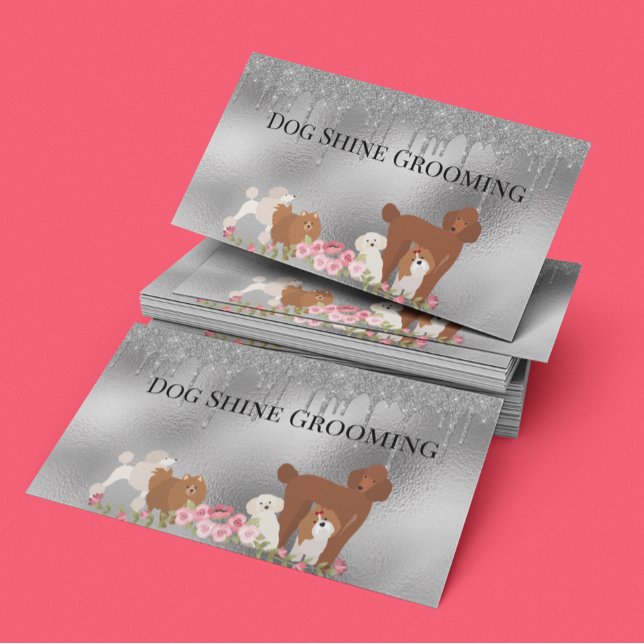 Silver Dog Grooming Glitter Pet Services Business Card (Creator Uploaded)