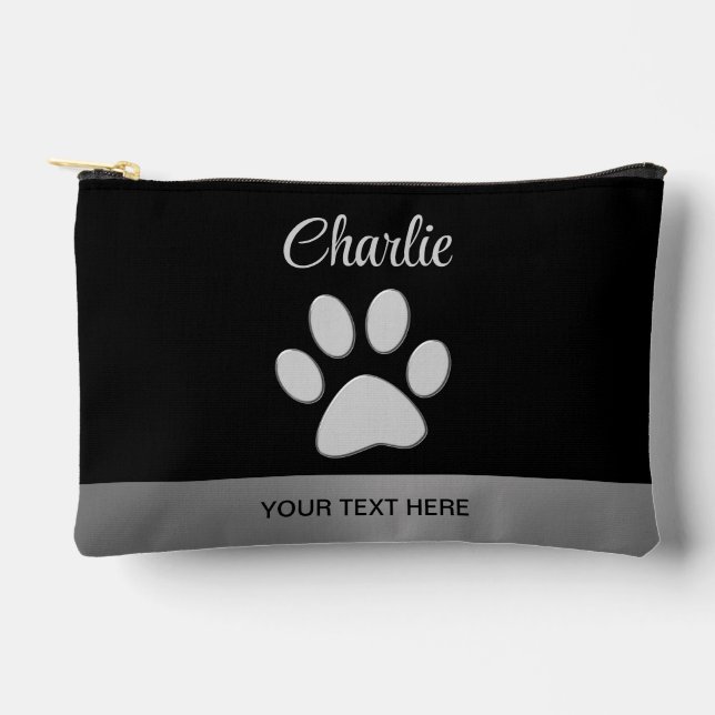  Silver Dog Paw on black background Accessory Pouch (Front)