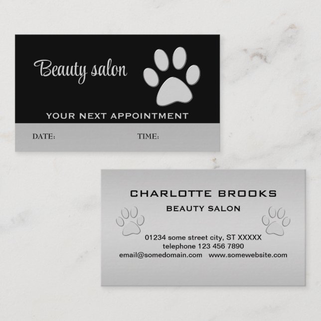  Silver Dog Paw on black background Appointment Card (Front/Back)
