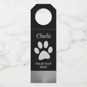 Silver Dog Paw on black background Bottle Tag