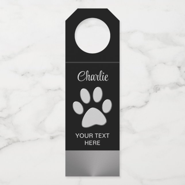  Silver Dog Paw on black background Bottle Tag (Front)