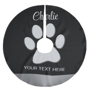Silver Dog Paw on black background Brushed Polyester Tree Skirt