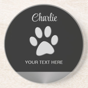  Silver Dog Paw on black background Coaster
