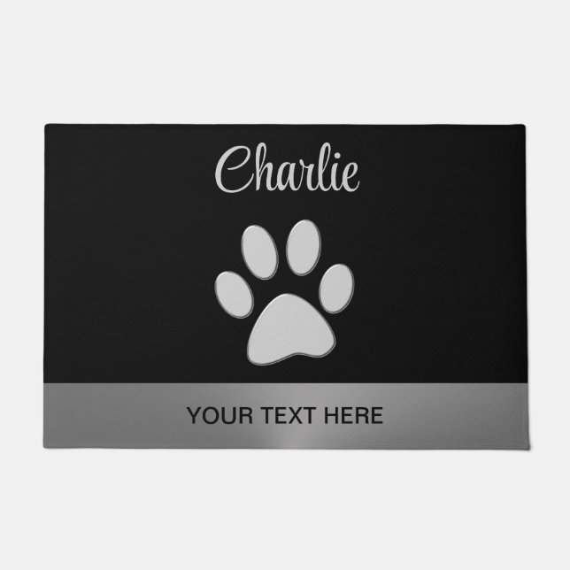  Silver Dog Paw on black background Doormat (Front)