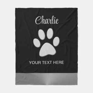 Silver Dog Paw on black background Fleece Blanket