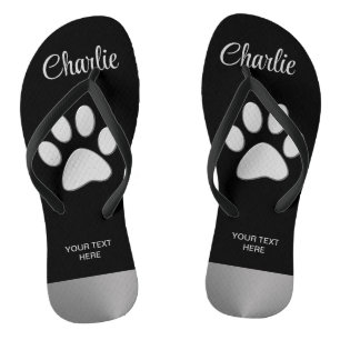  Silver Dog Paw on black background Flip Flops