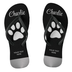  Silver Dog Paw on black background Flip Flops