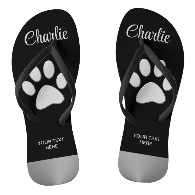  Silver Dog Paw on black background Flip Flops (Footbed)