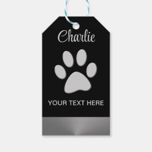  Silver Dog Paw on black background Gift Tags