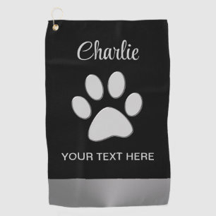  Silver Dog Paw on black background Golf Towel