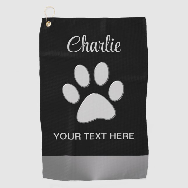  Silver Dog Paw on black background Golf Towel (Front)
