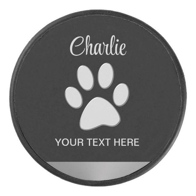  Silver Dog Paw on black background Hockey Puck (Front)