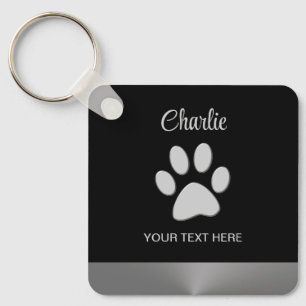 Silver Dog Paw on black background Key Ring