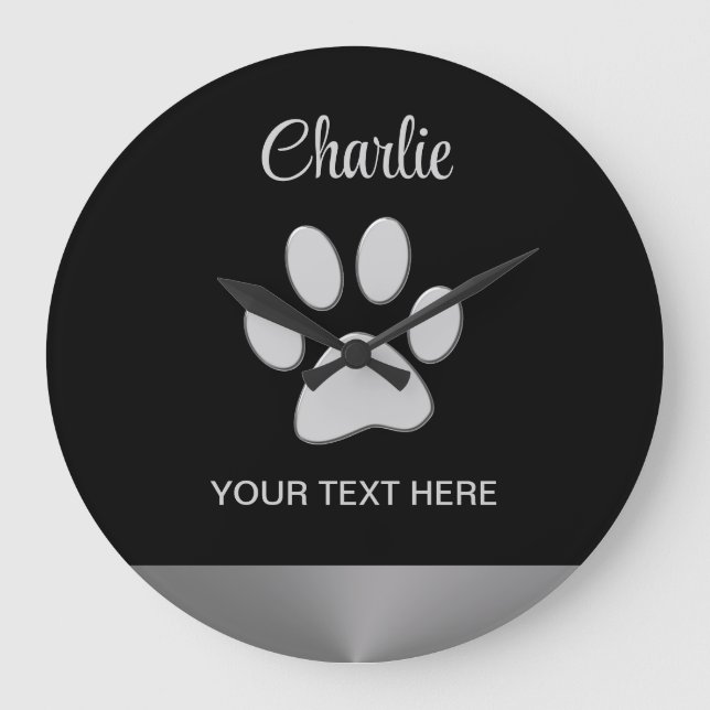  Silver Dog Paw on black background Large Clock (Front)