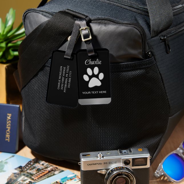  Silver Dog Paw on black background Luggage Tag (Front & Back)