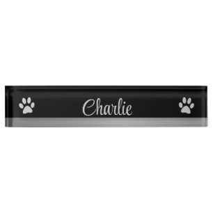  Silver Dog Paw on black background Nameplate