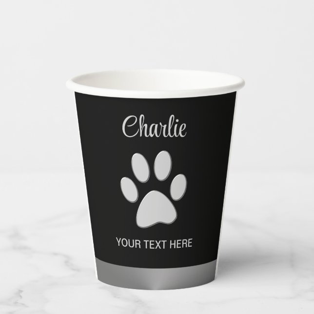  Silver Dog Paw on black background Paper Cups (Front)