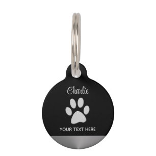 Silver Dog Paw on black background Pet Tag