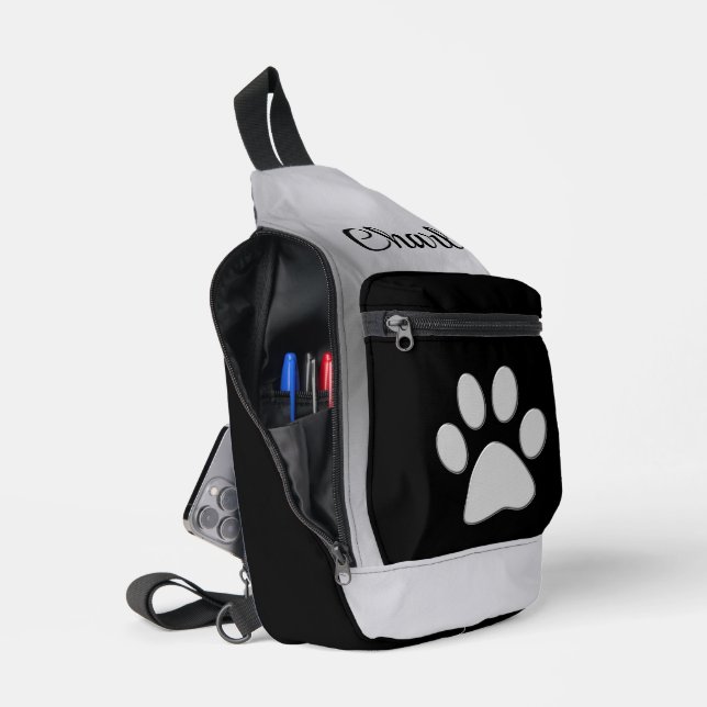  Silver Dog Paw on black background Sling Bag (Open)