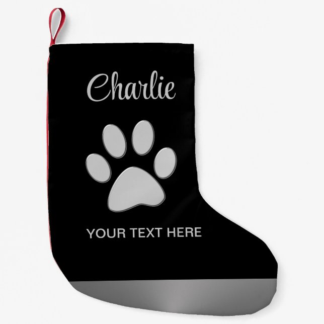  Silver Dog Paw on black background Small Christmas Stocking (Front)