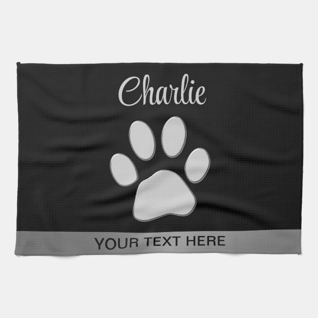  Silver Dog Paw on black background Tea Towel (Horizontal)