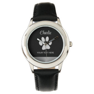  Silver Dog Paw on black background Watch