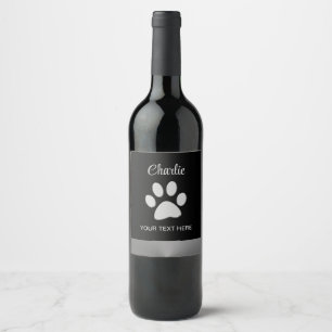  Silver Dog Paw on black background Wine Label