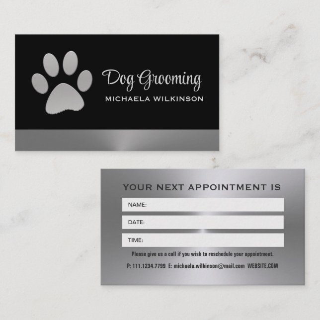 Silver Dog Paw on black Pet Grooming Service Appointment Card (Front/Back)