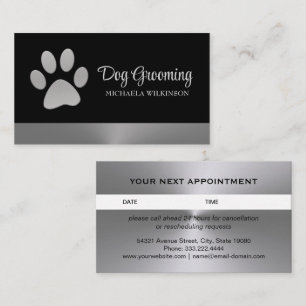 Silver Dog Paw on black Pet Grooming Service Busin Appointment Card