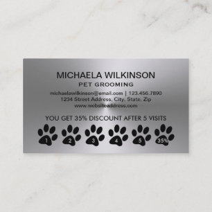 Silver Dog Paw on black Pet Grooming Service Busin Loyalty Card