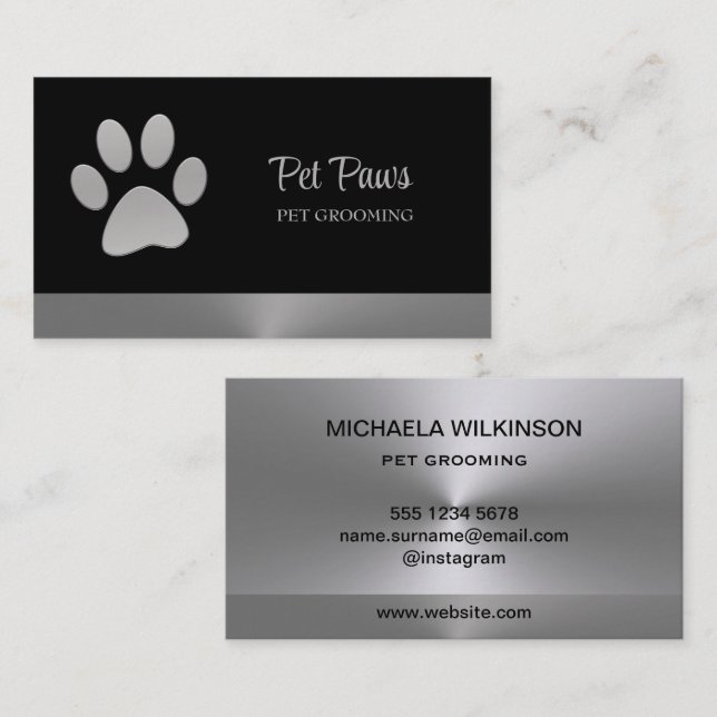 Silver Dog Paw on black Pet Grooming Service Business Card (Front/Back)