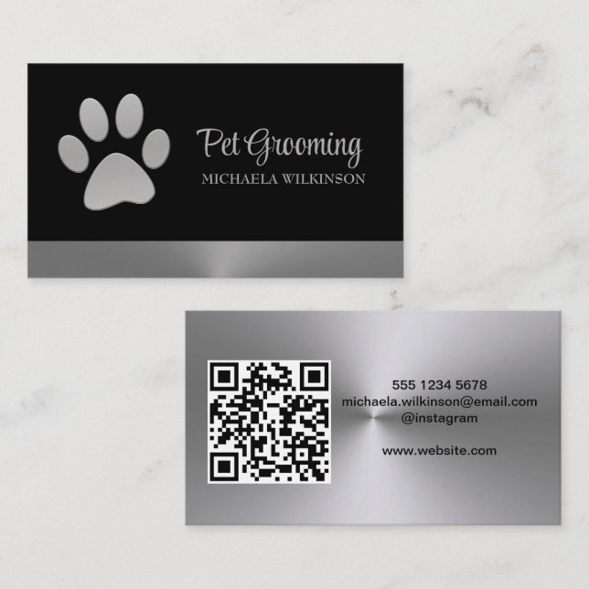 Silver Dog Paw on black Pet Grooming Service Business Card (Front/Back)