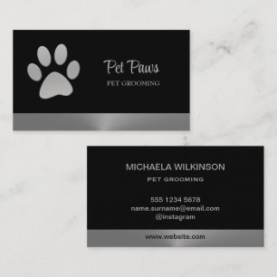 Silver Dog Paw on black Pet Grooming Service Business Card