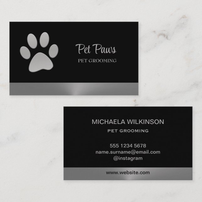Silver Dog Paw on black Pet Grooming Service Business Card (Front/Back)