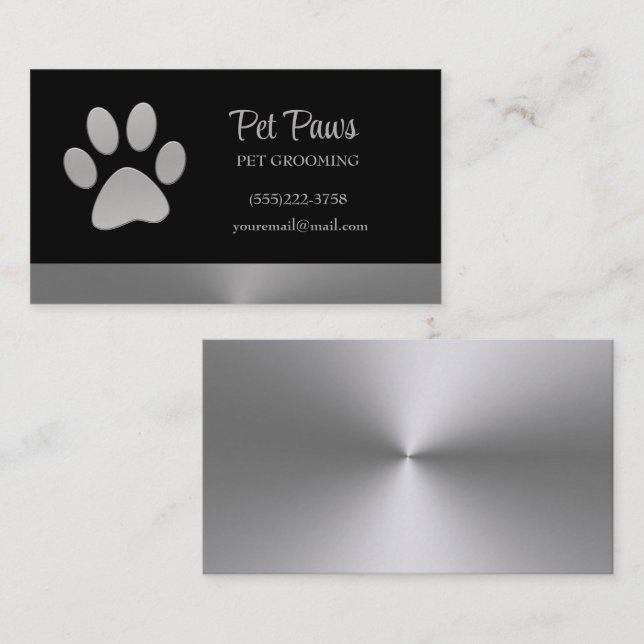 Silver Dog Paw on black Pet Grooming Service  Business Card (Front/Back)