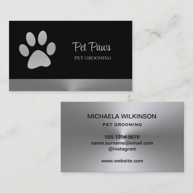 Silver Dog Paw on black Pet Grooming Service Business Card (Front/Back)