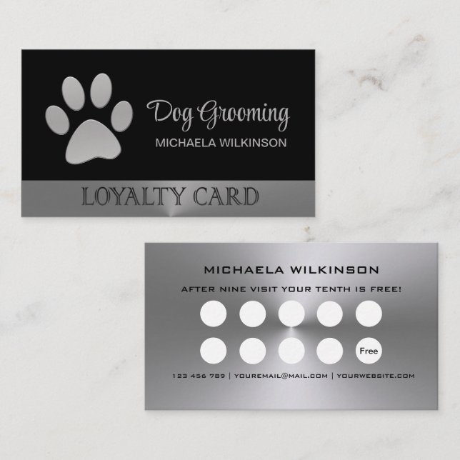 Silver Dog Paw on black Pet Grooming Service Loyalty Card (Front/Back)