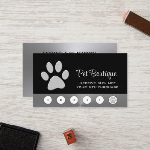 Silver Dog Paw on black Pet Grooming Service Loyalty Card