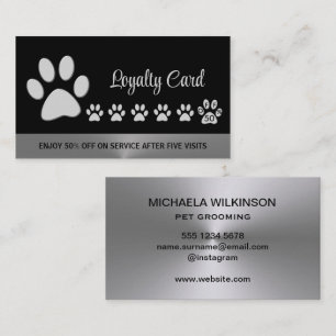 Silver Dog Paw on black Pet Grooming Service Loyalty Card
