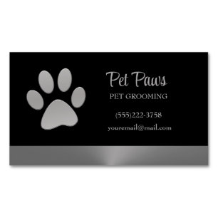 Silver Dog Paw on black Pet Grooming Service Magnetic Business Card