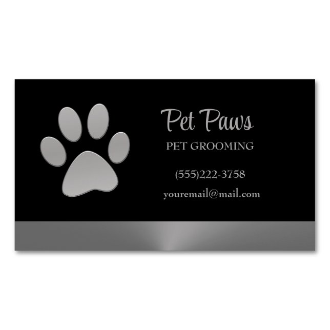 Silver Dog Paw on black Pet Grooming Service  Magnetic Business Card (Front)