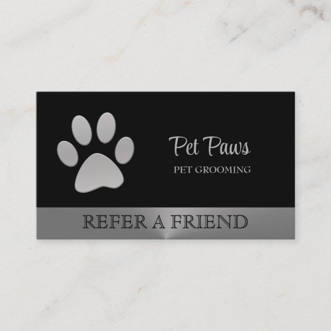 Silver Dog Paw on black Pet Grooming Service Referral Card (Front)